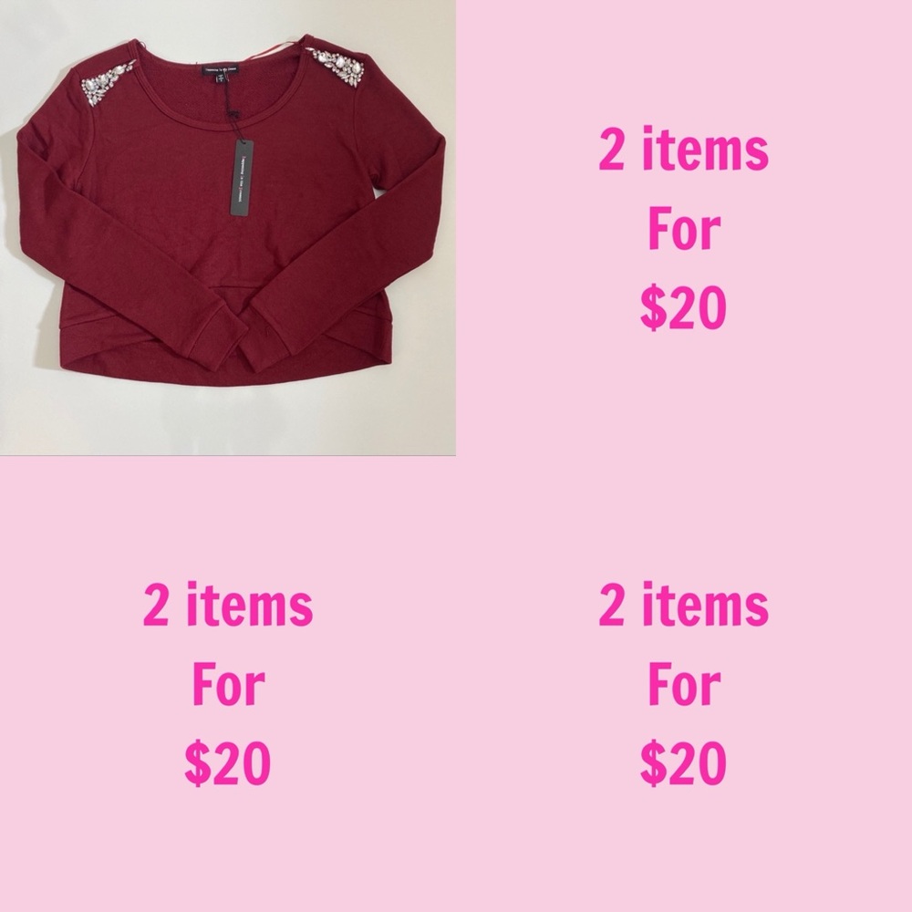 3/$30 H.I.P Womens Burgundy Long Sleeve Rhinestone Cropped Sweater Top Size S